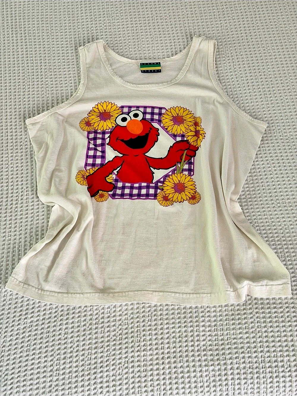Vtg Sesame Street Oversized Graphic Tank Top Elmo White OSFM Purple Plaid Floral